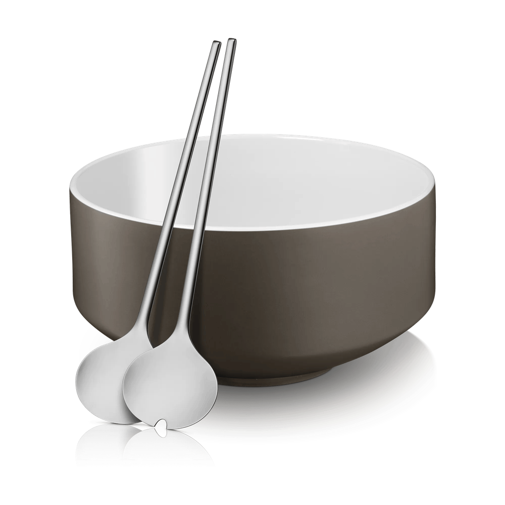 Set bol si linguri pentru salata WMF, portelan, alb & maro, 26 cm