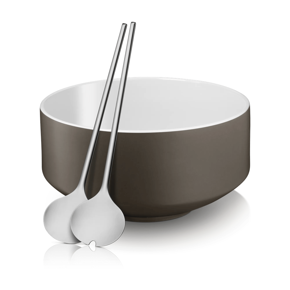 Set bol si linguri pentru salata WMF, portelan, alb & maro, 26 cm