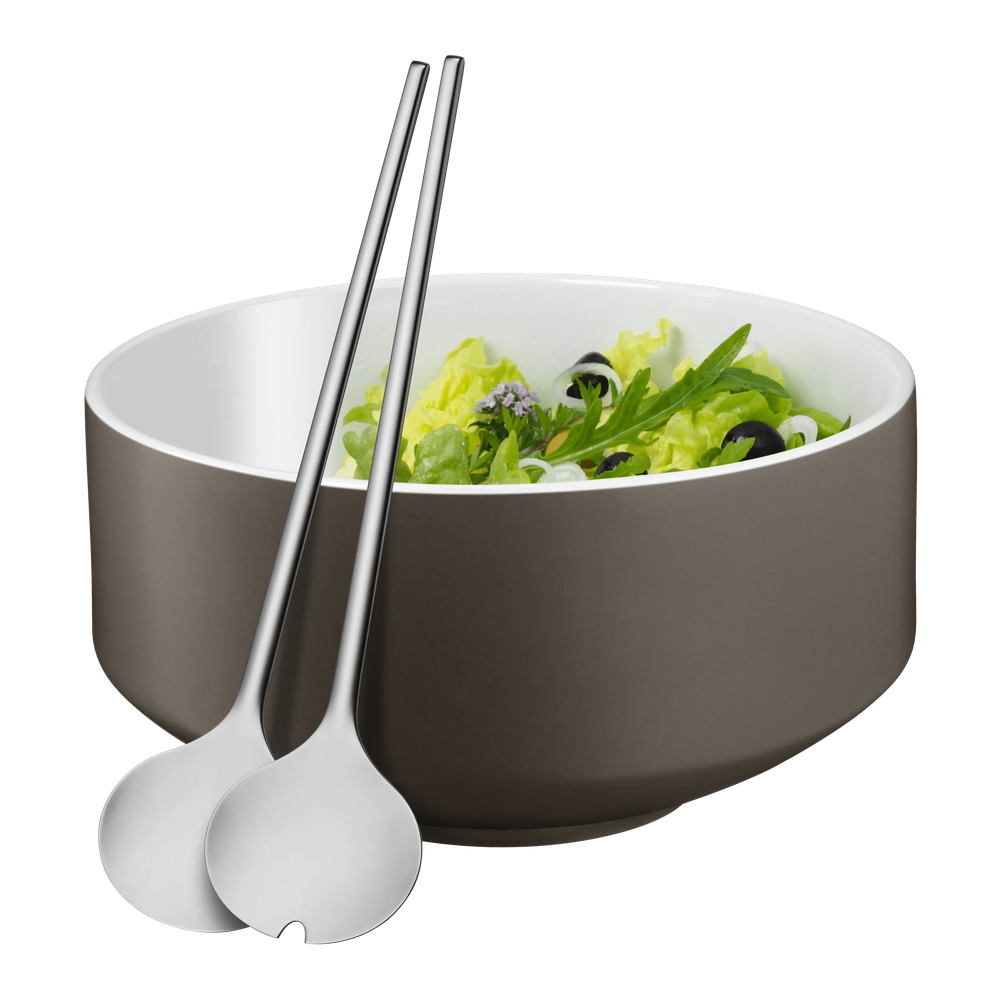 Set bol si linguri pentru salata WMF, portelan, alb & maro, 26 cm
