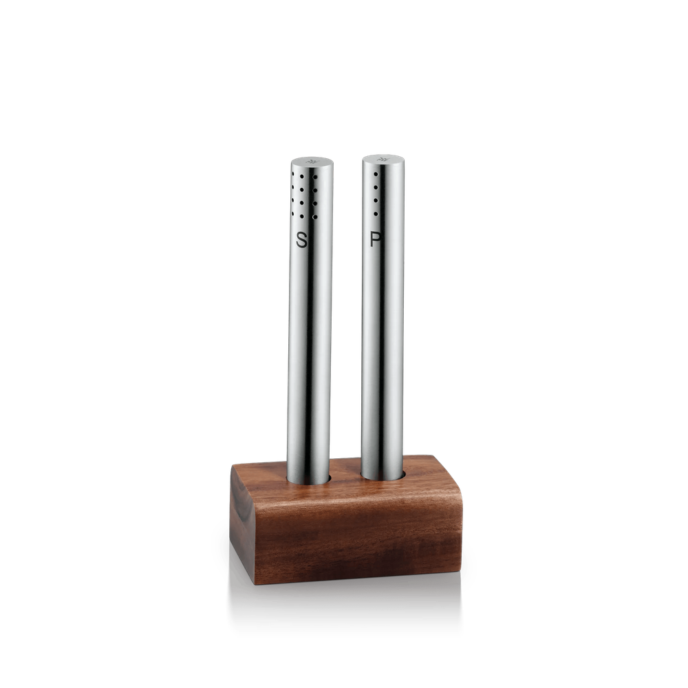 Set 2 solnite pentru sare si piper cu suport de lemn WMF, Cromargan®