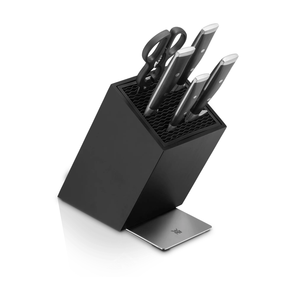 Set de 4 cutite si foarfeca WMF Grand Class, suport inclus, negru