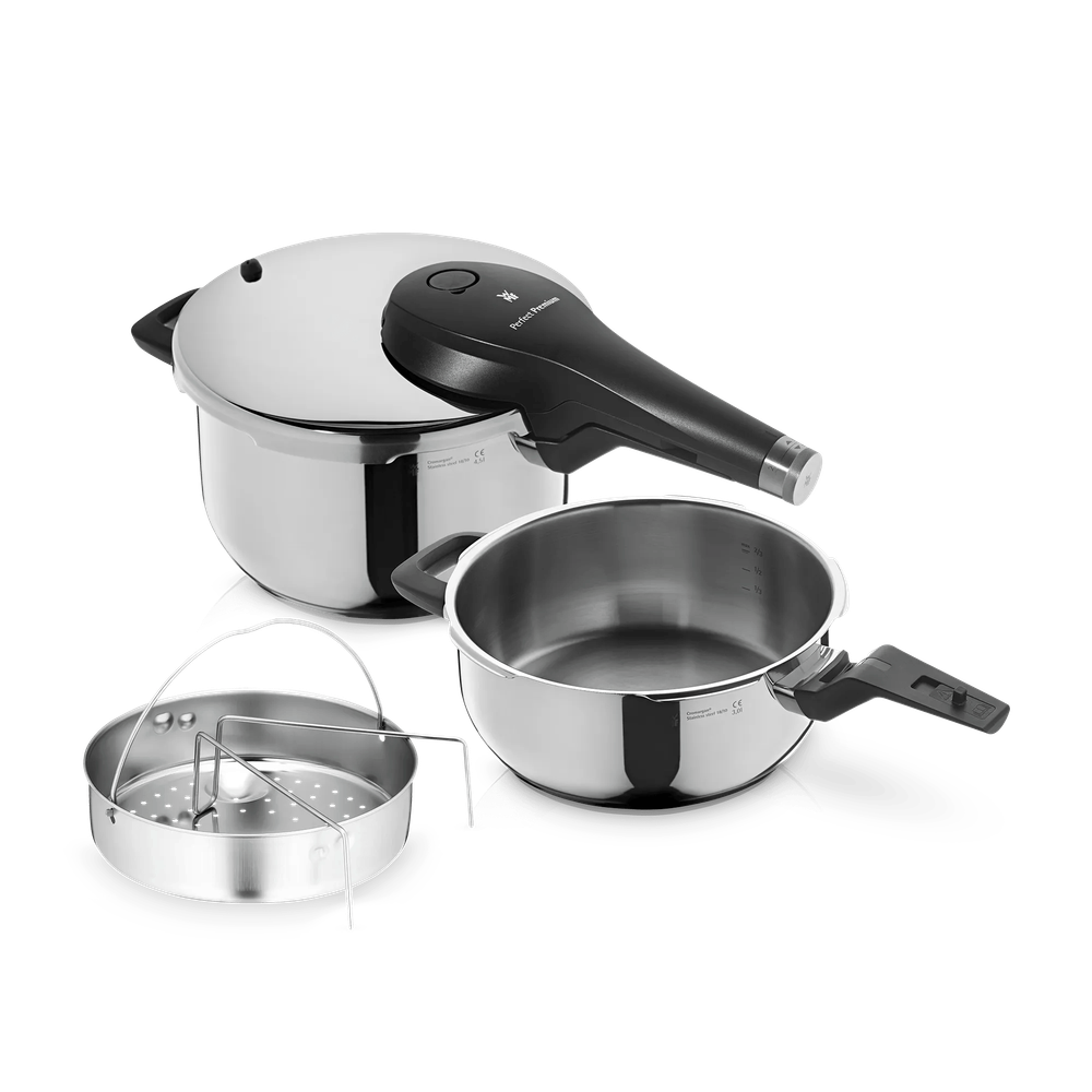 Set 2 oale sub presiune WMF Perfect Premium, 4.5L si 3L, Cromargan®