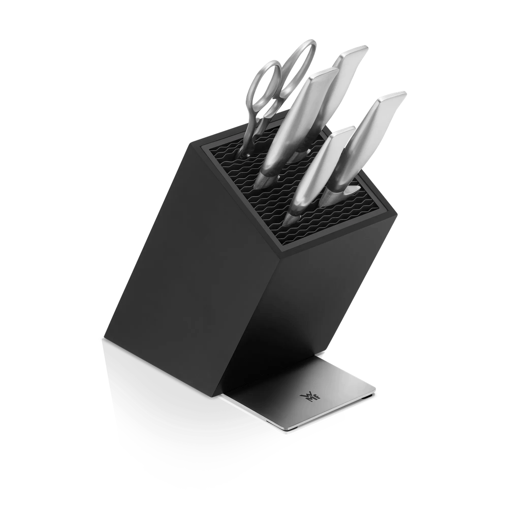 Set de 4 cutite si foarfeca WMF Grand Gourmet, suport inclus, negru