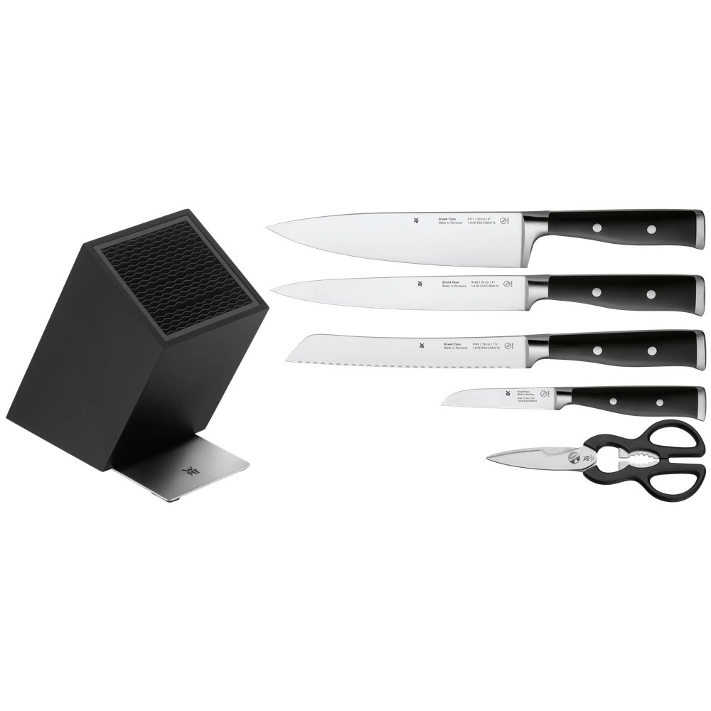 Set de 4 cutite si foarfeca WMF Grand Class, suport inclus, negru