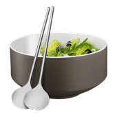 Set bol si linguri pentru salata WMF, portelan, alb & maro, 26 cm