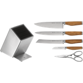 Set de 4 cutite si foarfeca WMF Grand Wood, suport inclus, argintiu