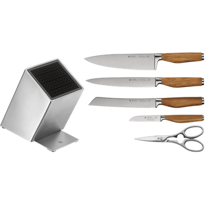 Set de 4 cutite si foarfeca WMF Grand Wood, suport inclus, argintiu