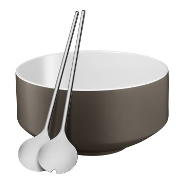 Set bol si linguri pentru salata WMF, portelan, alb & maro, 26 cm