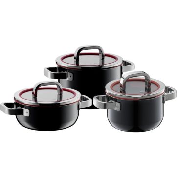 Set 3 piese oale WMF Fusiontec, capace cu functie de scurgere, negru