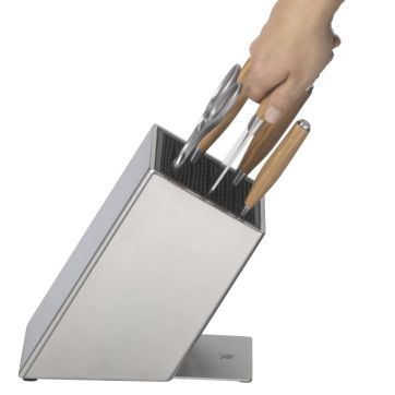 Set de 4 cutite si foarfeca WMF Grand Wood, suport inclus, argintiu